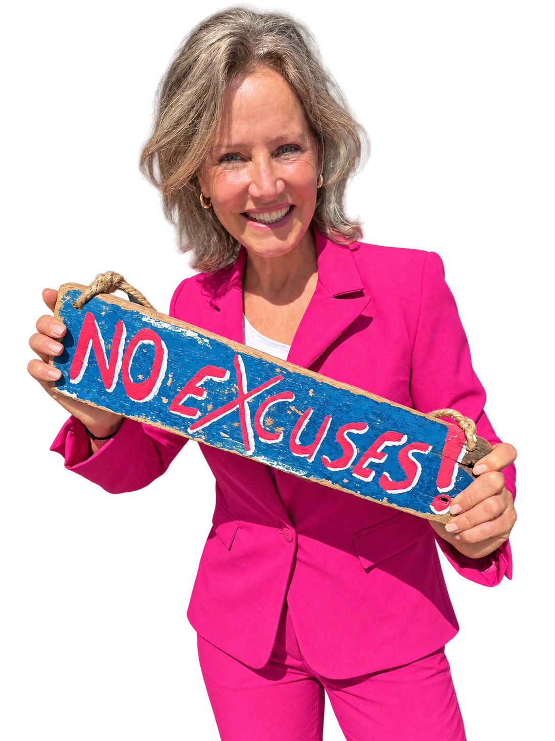 Esther Jacobs in roze pak met het bord No Excuses
