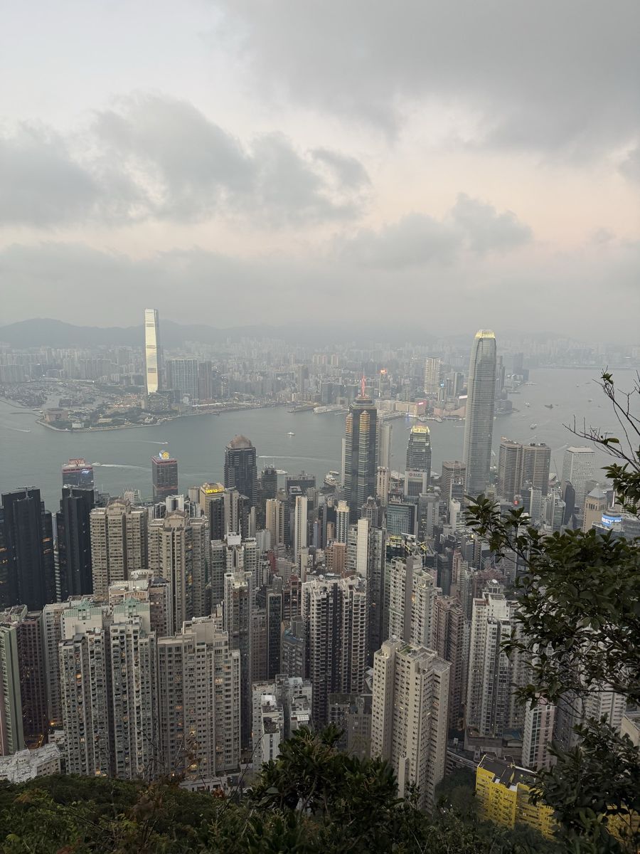 Uitzicht op de skyline en haven van Hongkong vanaf Victoria Peak